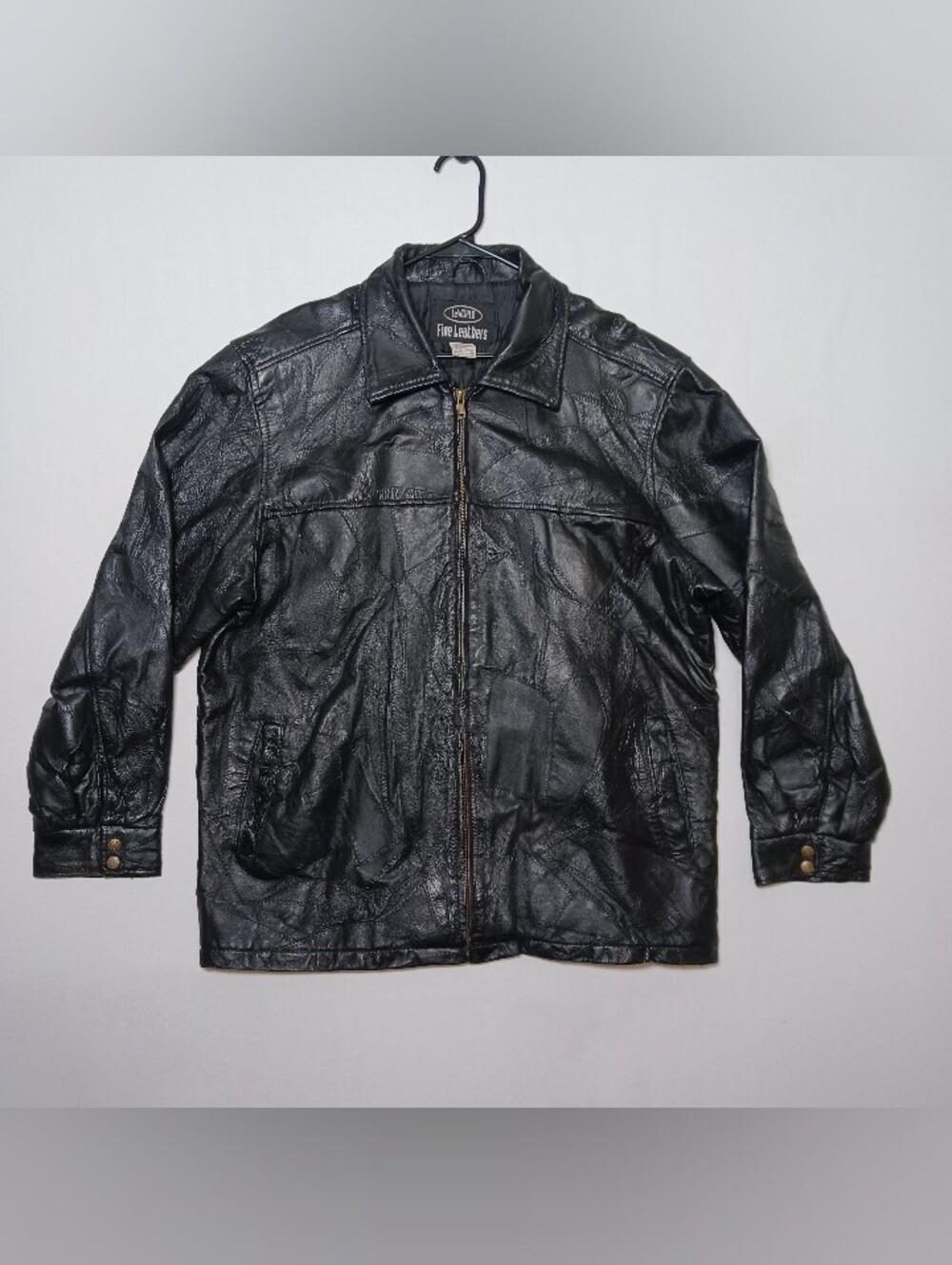Vintage LeWorld Mens Fine Leather Jacket XL Black Patchwork Full Zip Biker